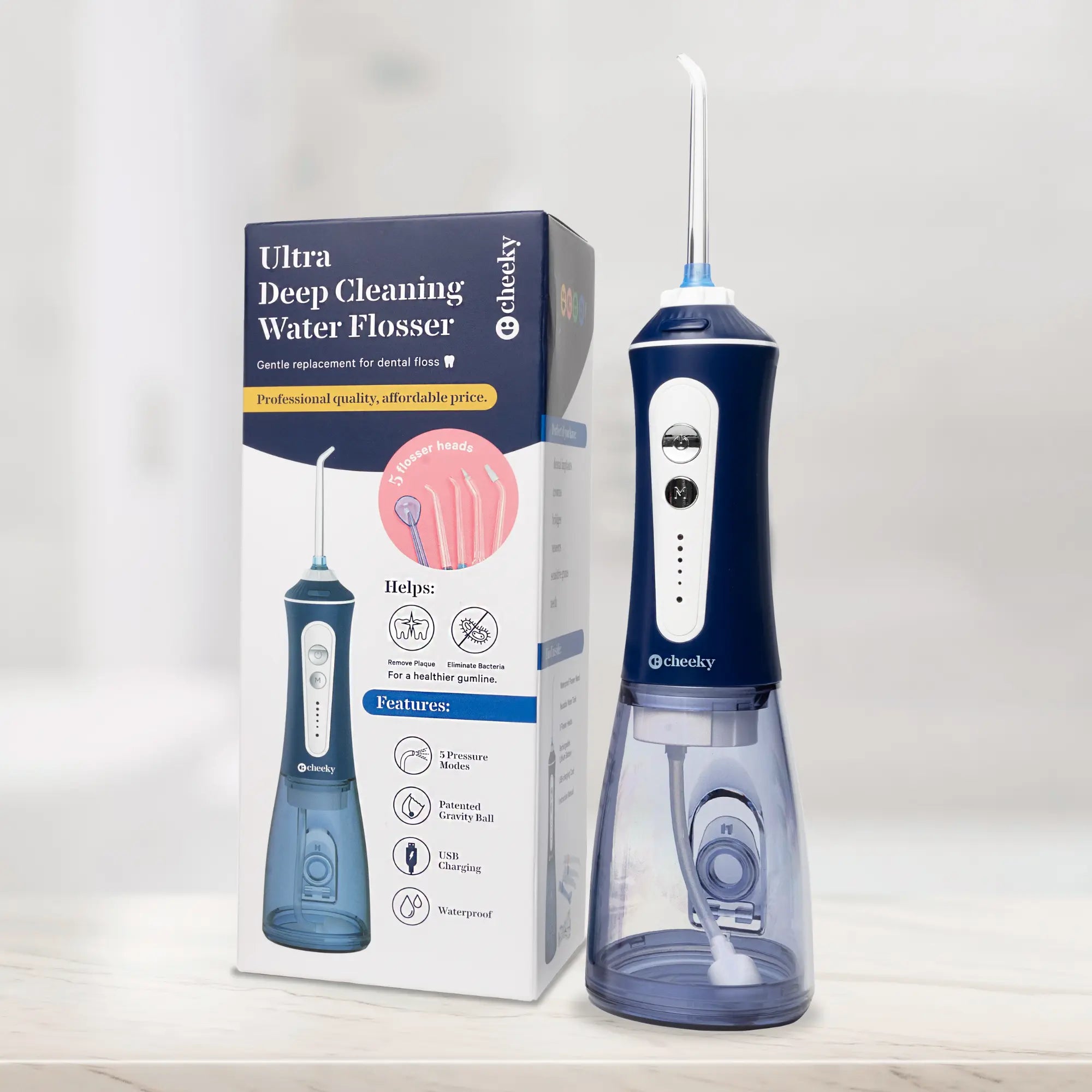 Cheeky ultra deep cleaning water flosser with packaging on a light background