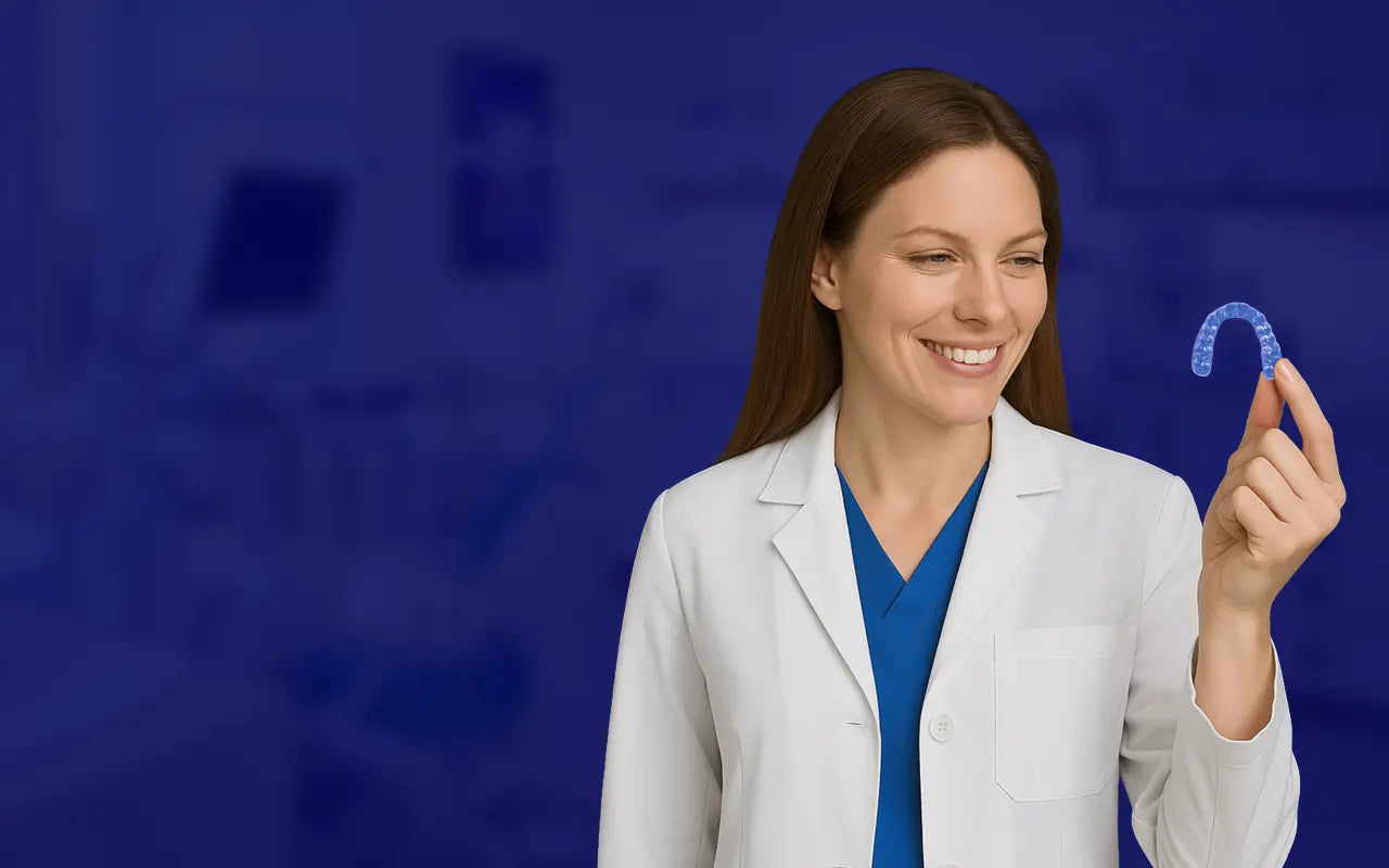 Woman in a white coat holding a clear dental aligner against a blue background