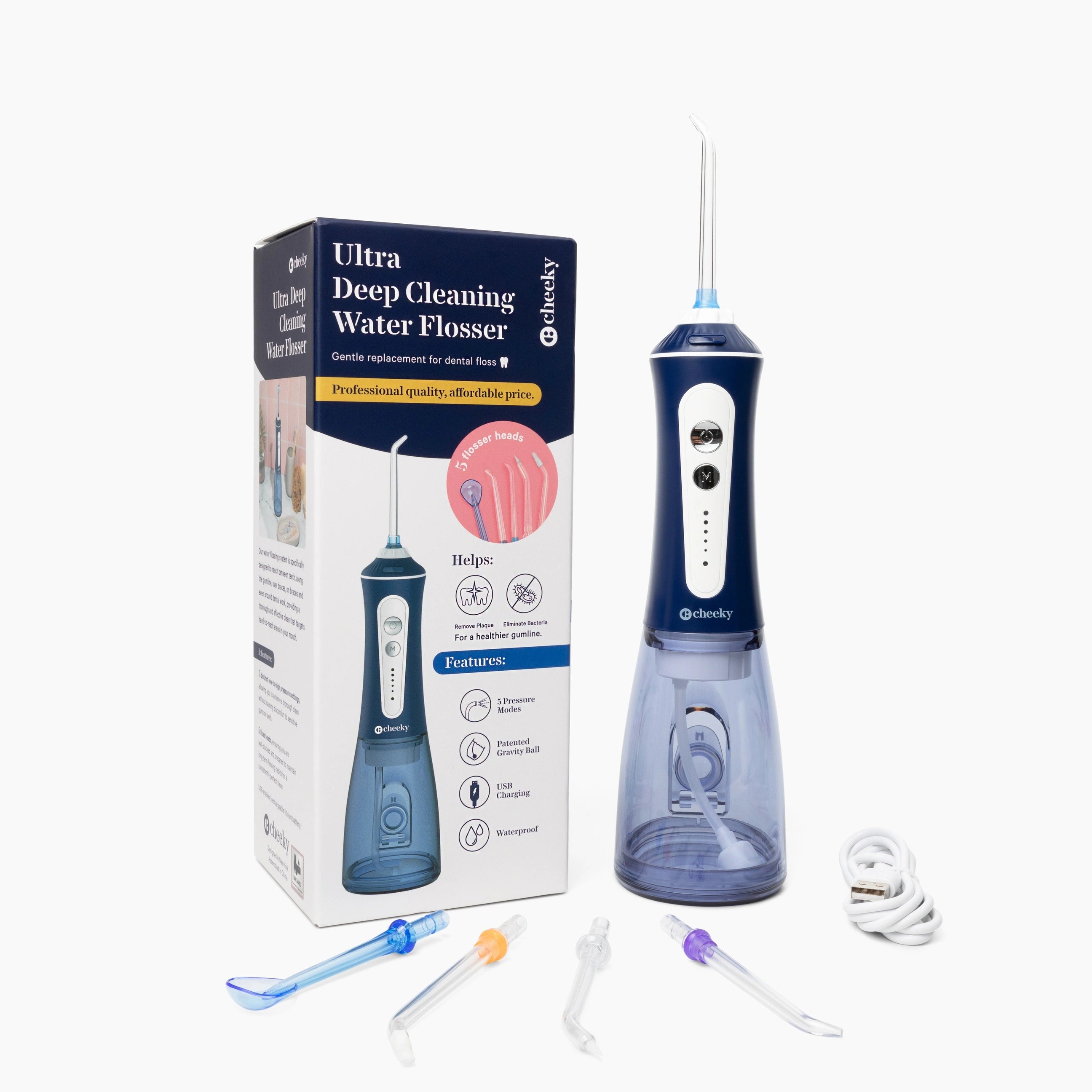 Ultra Deep Cleaning Water Flosser with packaging and accessories on a white background