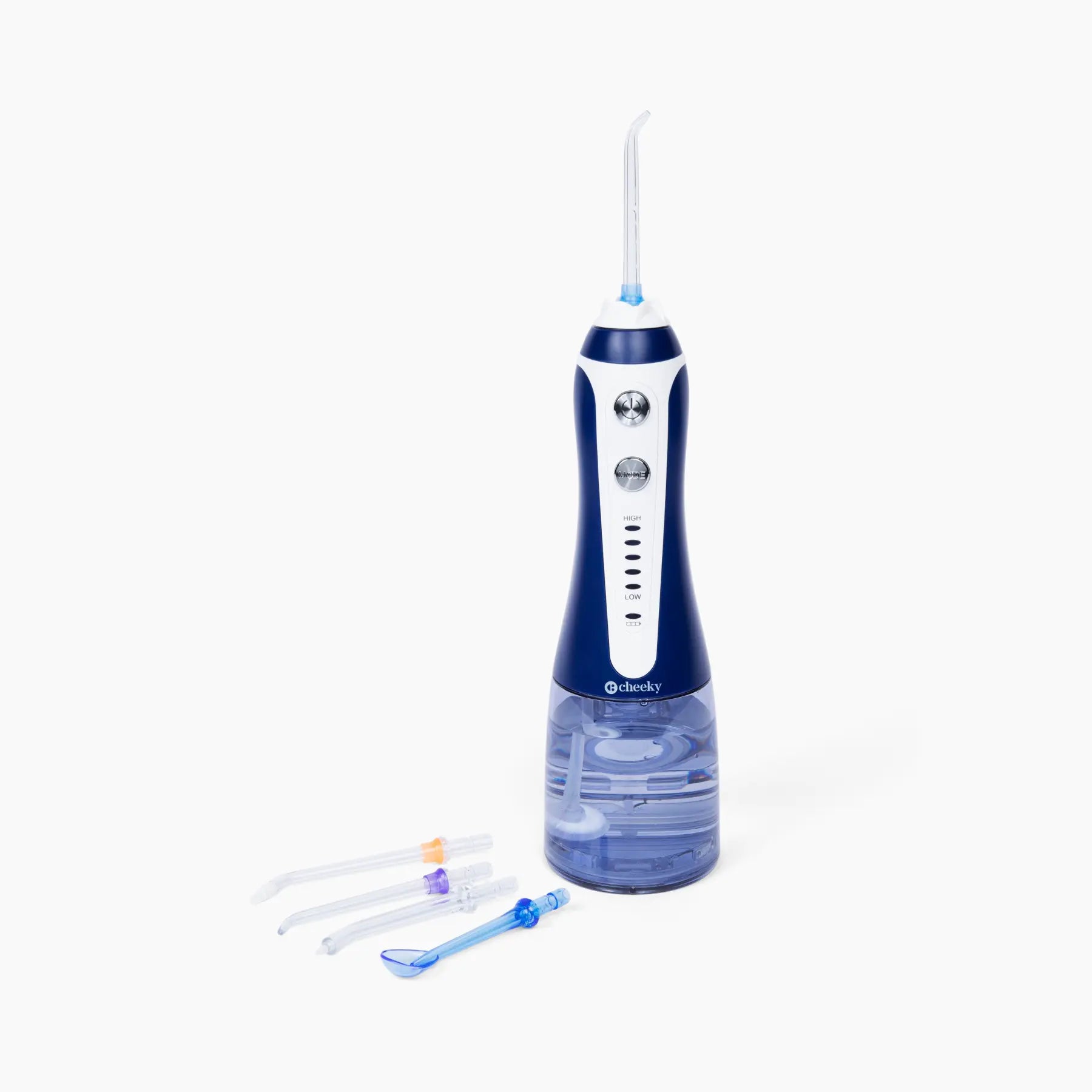 Dental water flosser with attachments on a white background