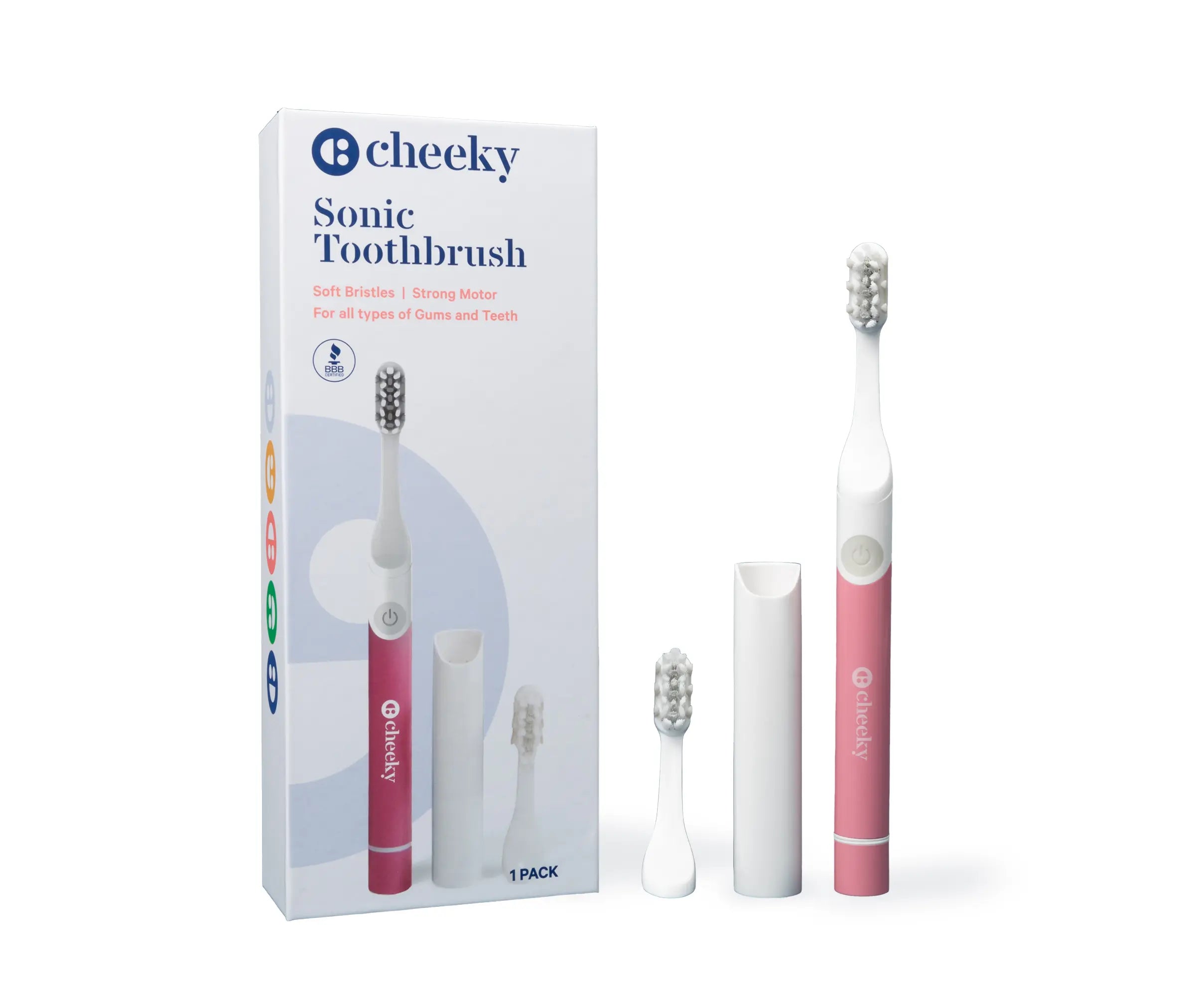 Pink sonic toothbrush with packaging and additional brushes on a white background